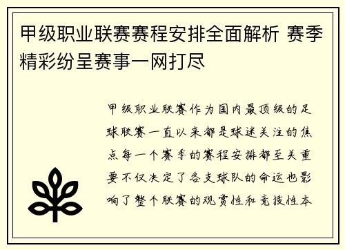 甲级职业联赛赛程安排全面解析 赛季精彩纷呈赛事一网打尽